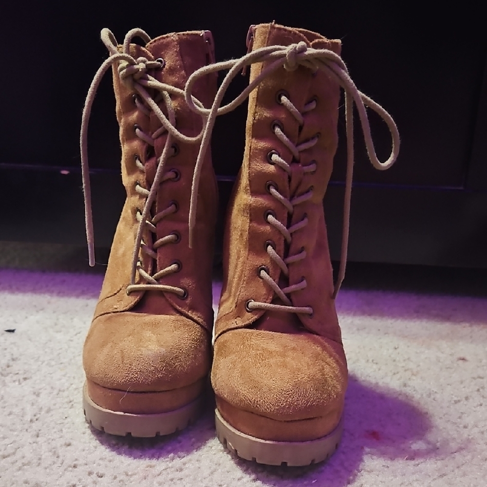 Charlotte Russe Tan Lace Up Boots with Chunky Sole